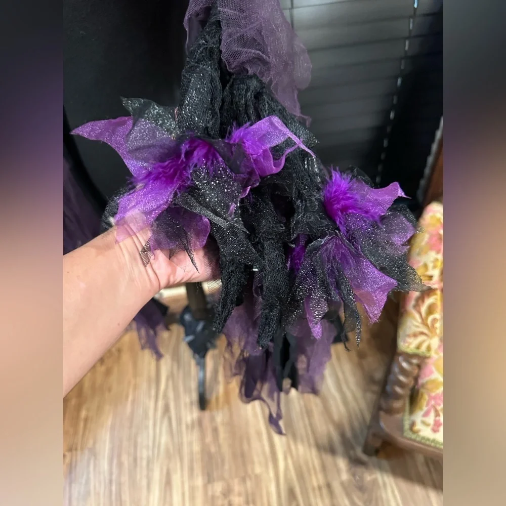 Gothic Black & Purple Tulle Shabby Chic Scarf Wrap Ruffle Flower Oversized Boho